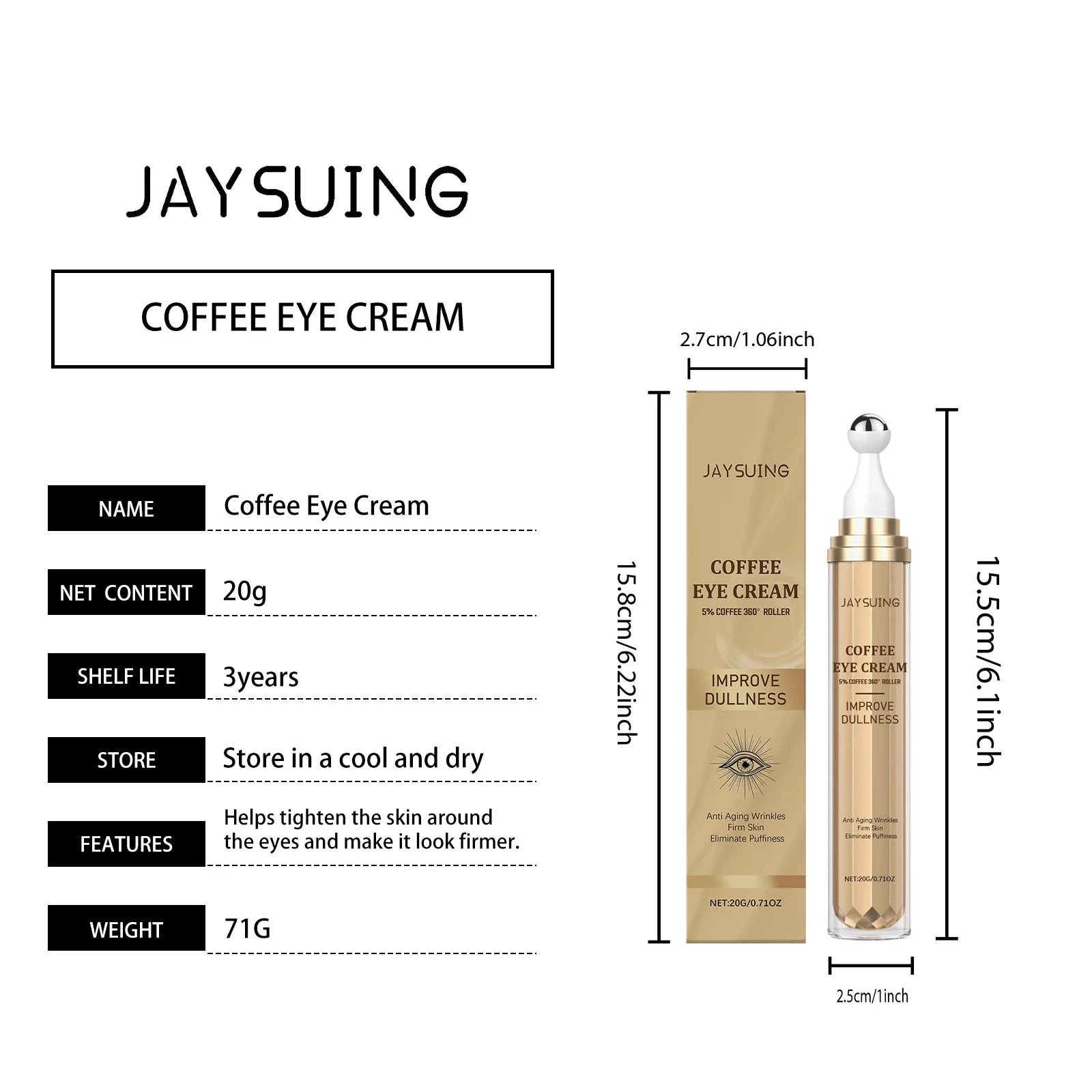 Coffee Eye Care Products Eye Cream with Roller Moisturizing Eye Mask Anti-Dark Circles Eye Serum for Puffiness Firming Hydration