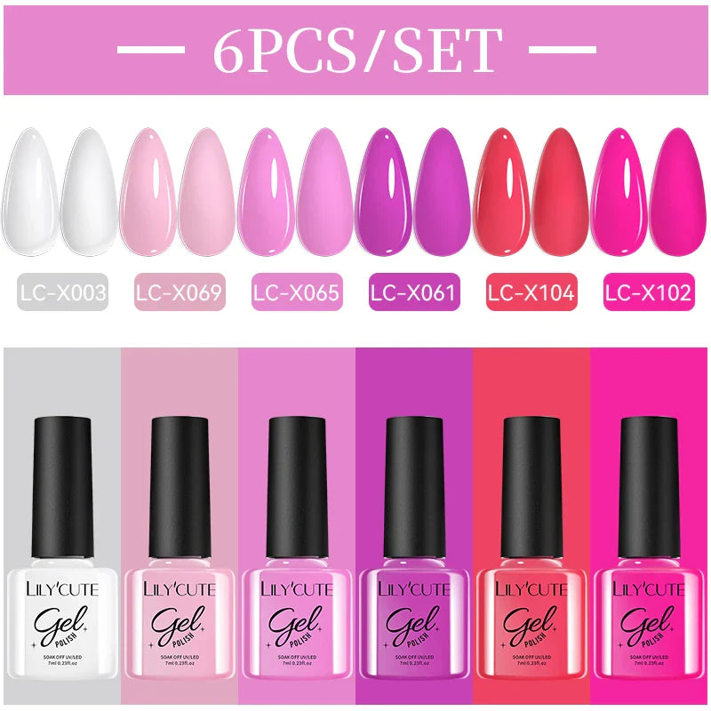 LILYCUE 6Pcs/Set Red Nude Glitter Gel Nail Polish Gorgeous Full Coverage Soak Off UV Gel Nail Art Base Top Coat Gel Polish Kits