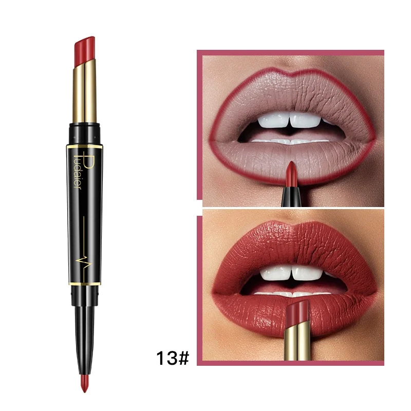 1pcs Matte Lip Liner & Lipstick, Double Ended Lip Pen Nude Makeup Tool, Long Lasting Color Rendering, Waterproof Lip Cosmetics