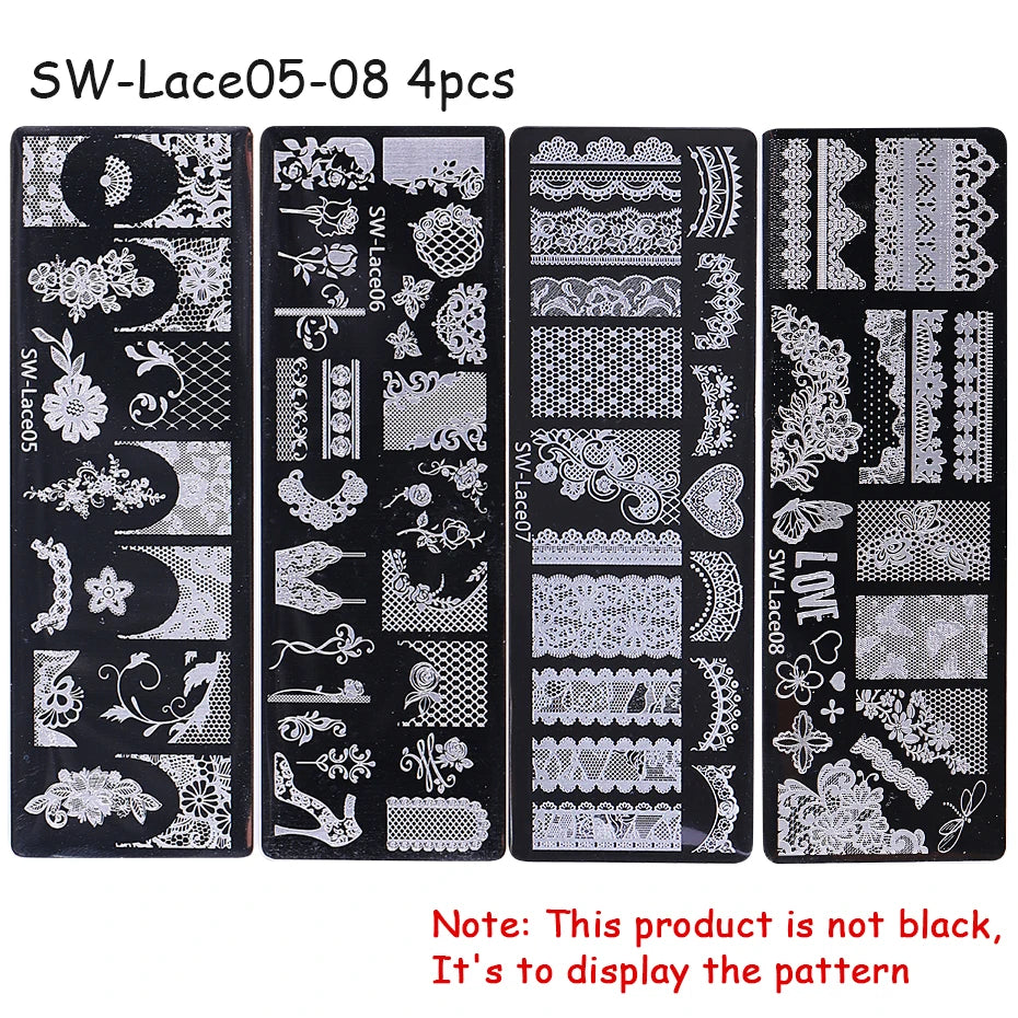 4pc Lace Flower Nail Art Stamping Plates 3D French Bow Rose Polish Printing Template Plate Floral Nail AStencils Manicure Tools