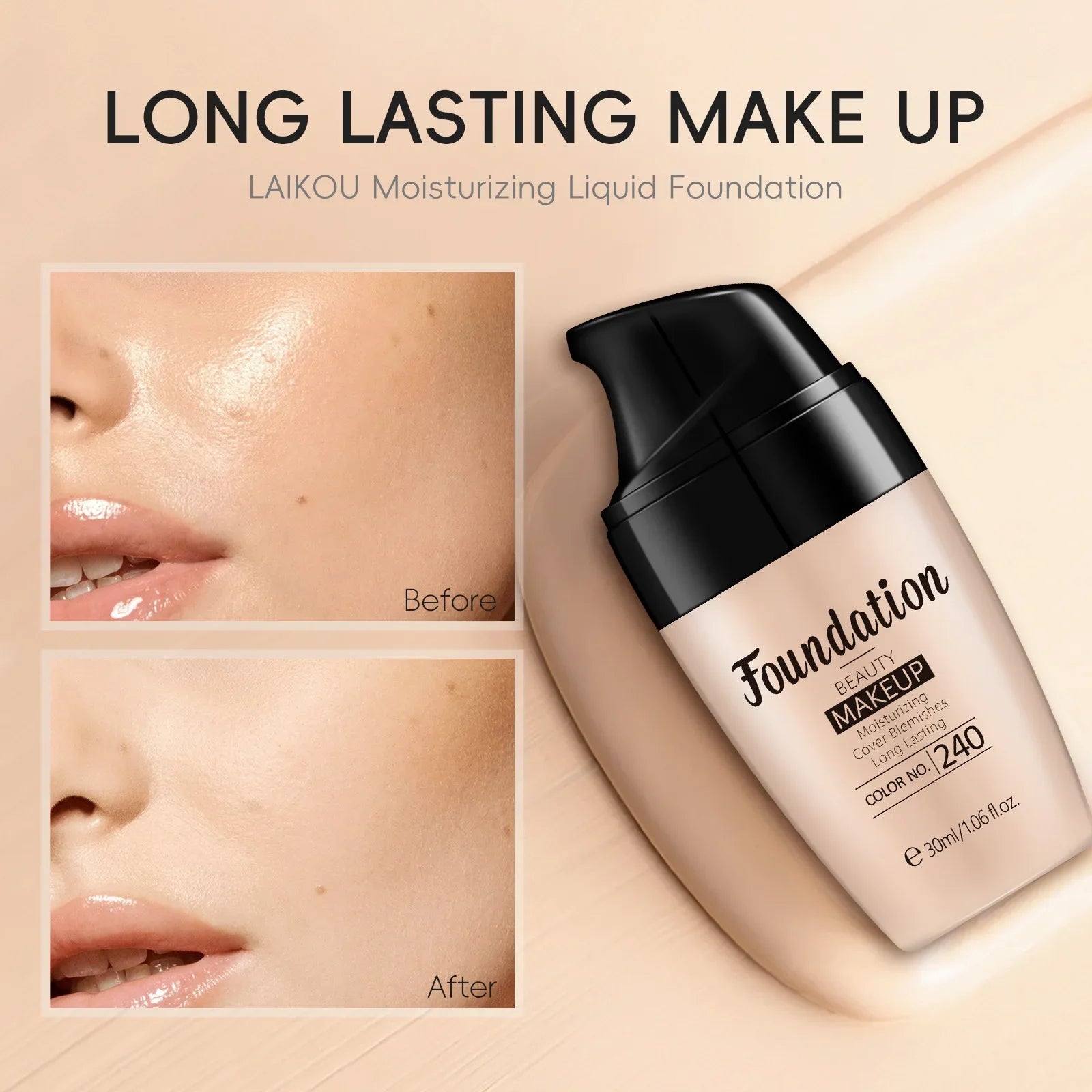LAIKOU Liquid Foundation Moisturizing Long Lasting Face Comestics Waterproof, Full Coverage Concealer for All Skin Tones 30ml