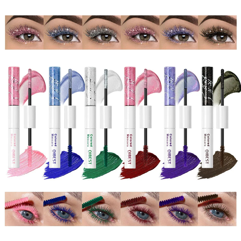 QIBEST Double Headed Diamond Glitter Mascara Long Lasting Colored Mascara Eyelashes Pink Blue Red Voluminous Waterproof Mascara