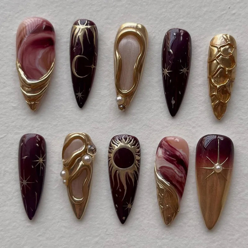 24Pcs Black Y2k Long False Nails with Almond Head Design Cat's Eye Silver Stripe Pattern Press on Fake Nails Wearable Nail Tips