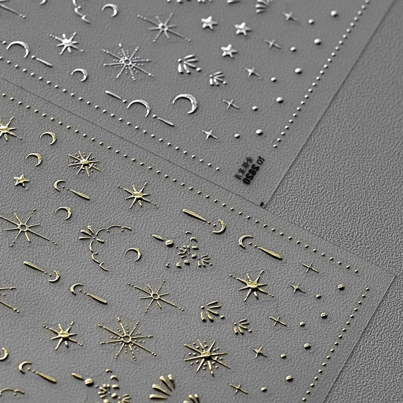 3D Gold/ Silver Star/Sun/Moon Bronzing Nail Art Sticker Laser Star Moon Styles Nail Decal Gold Silver Self-Adhesive Slider 1Pcs