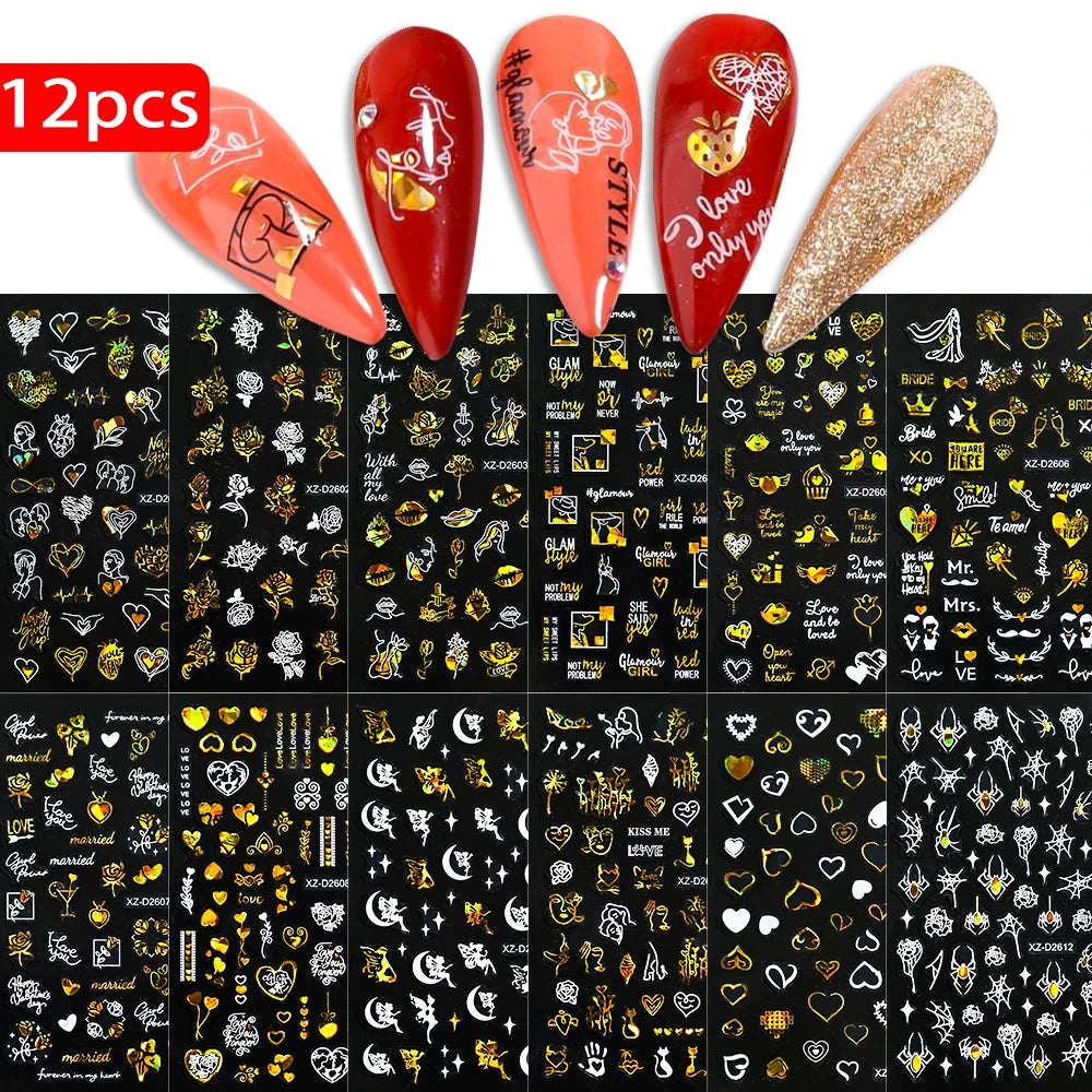 8pc 3D Mixed Color Heart Nail Stickers Valentines' Day Sweet Red Pink Love Selfadhesive Nail Decoration Decals Manicure Supplies