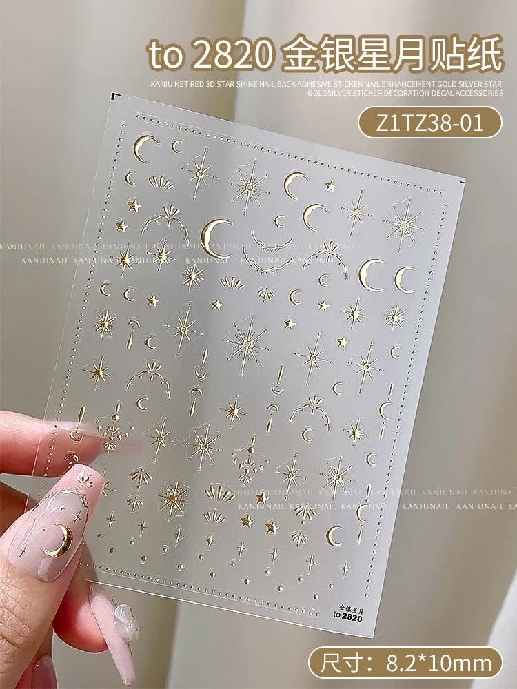 3D Gold/ Silver Star/Sun/Moon Bronzing Nail Art Sticker Laser Star Moon Styles Nail Decal Gold Silver Self-Adhesive Slider 1Pcs