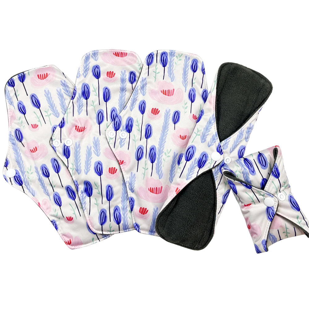 reusable sanitary pads for women daily periods, bamboo charcoal washable sanitary napkins,absorbent printed menstrual pads 5pcs
