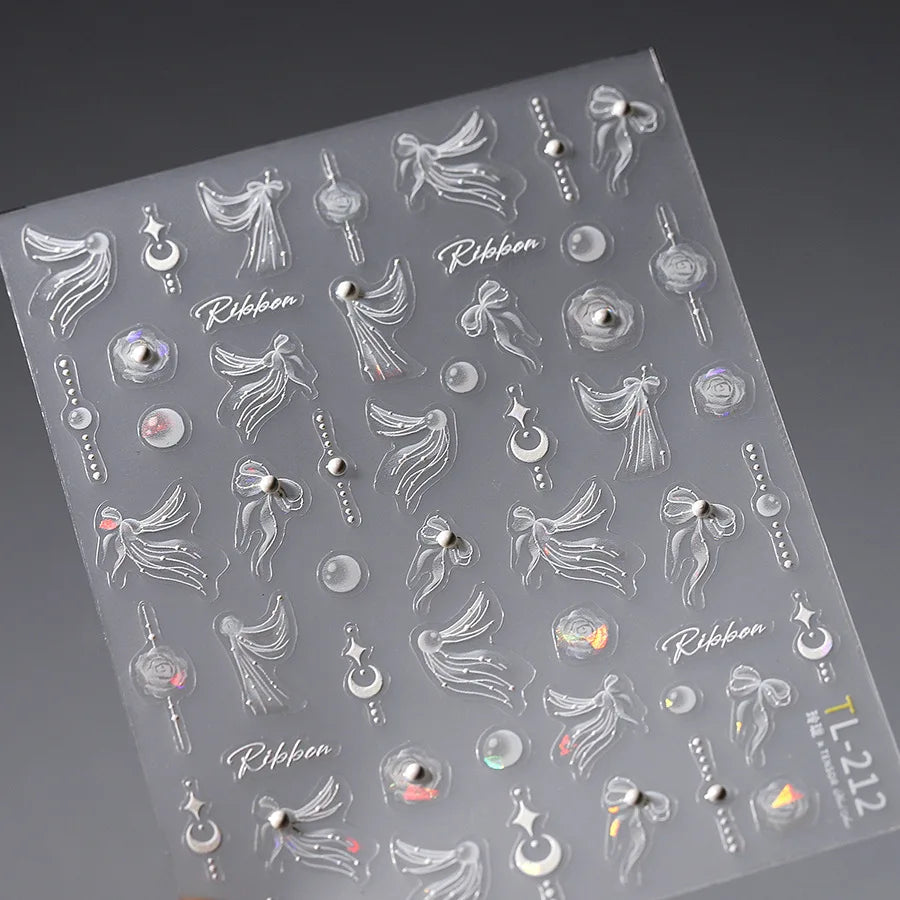 Elegant Flowers Nail Art Stickers 5D Crystal Diamond Nails Decorations Stickers Tassel White Pear Blossom DlY Autumn Nail Decals