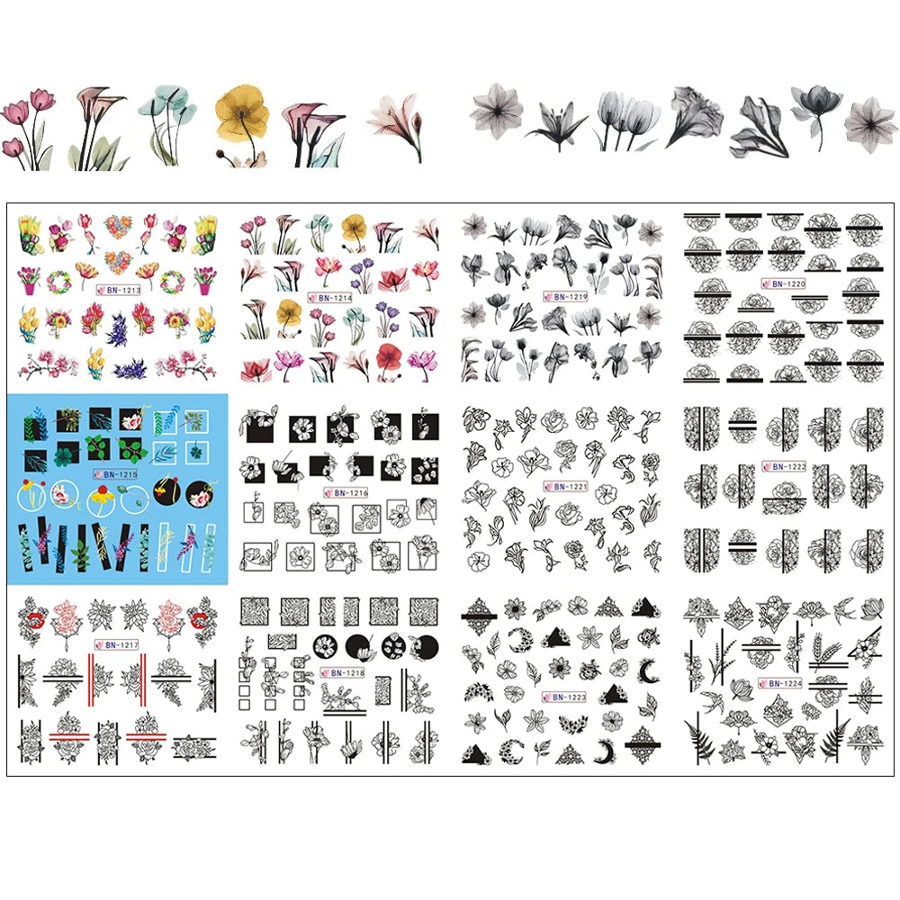 10pcs Holographic Nail Foil Slider Mix Flower Designs Set Transfer Nails Stickers Floral Prints Manicure Decal Art Decoration
