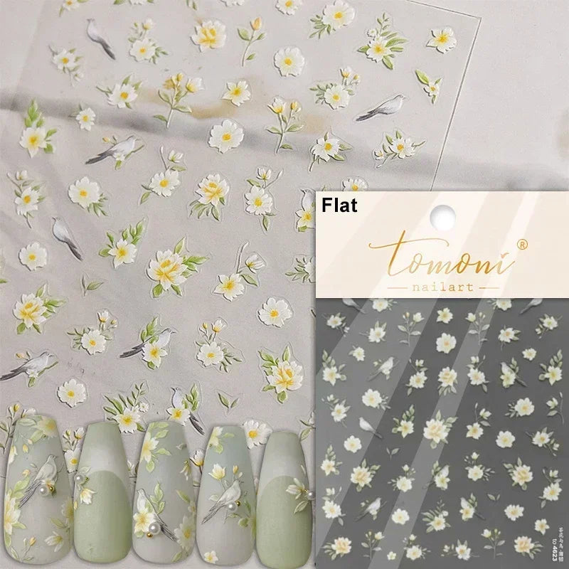 1pcs 5D Glitter Jasmine Flower Nail Stickers Kawaii Embossed Flower Self-Adhesive Nail Art Decorations Decal Manicure Tools DIY