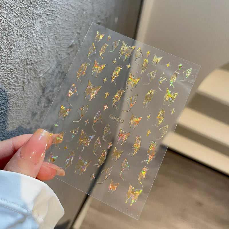 Pink Purple Aurora Shell Butterfly Nail Stickers Shiny Laser 3D Butterflies Nail Decals 8*10cm Adhesive Aurora Shell Butterfly N