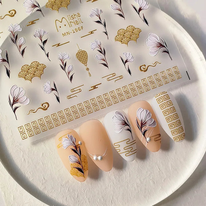 1pcs 5D Glitter Jasmine Flower Nail Stickers Kawaii Embossed Flower Self-Adhesive Nail Art Decorations Decal Manicure Tools DIY