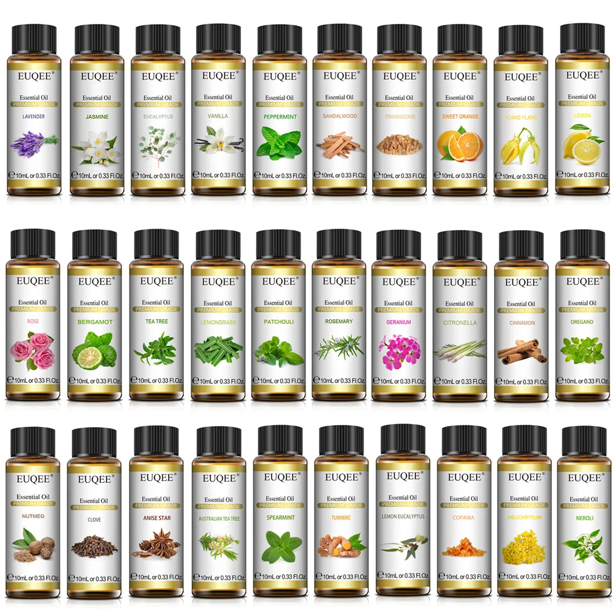 EUQEE 10ml Pure Natural Essential Oil Lavender Jasmine Eucalyptus Vanilla Sandalwood Sweet Orange Lemon Oregano Neroli Fragrance