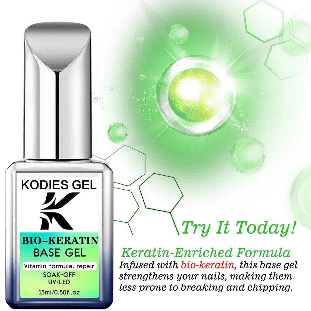 KODIES GEL Bio Keratin Rubber Base Coat UV Gel Nail Polish Vitamin Formula Repair Nail 15ml Semi Permanent Manicure Strengthener