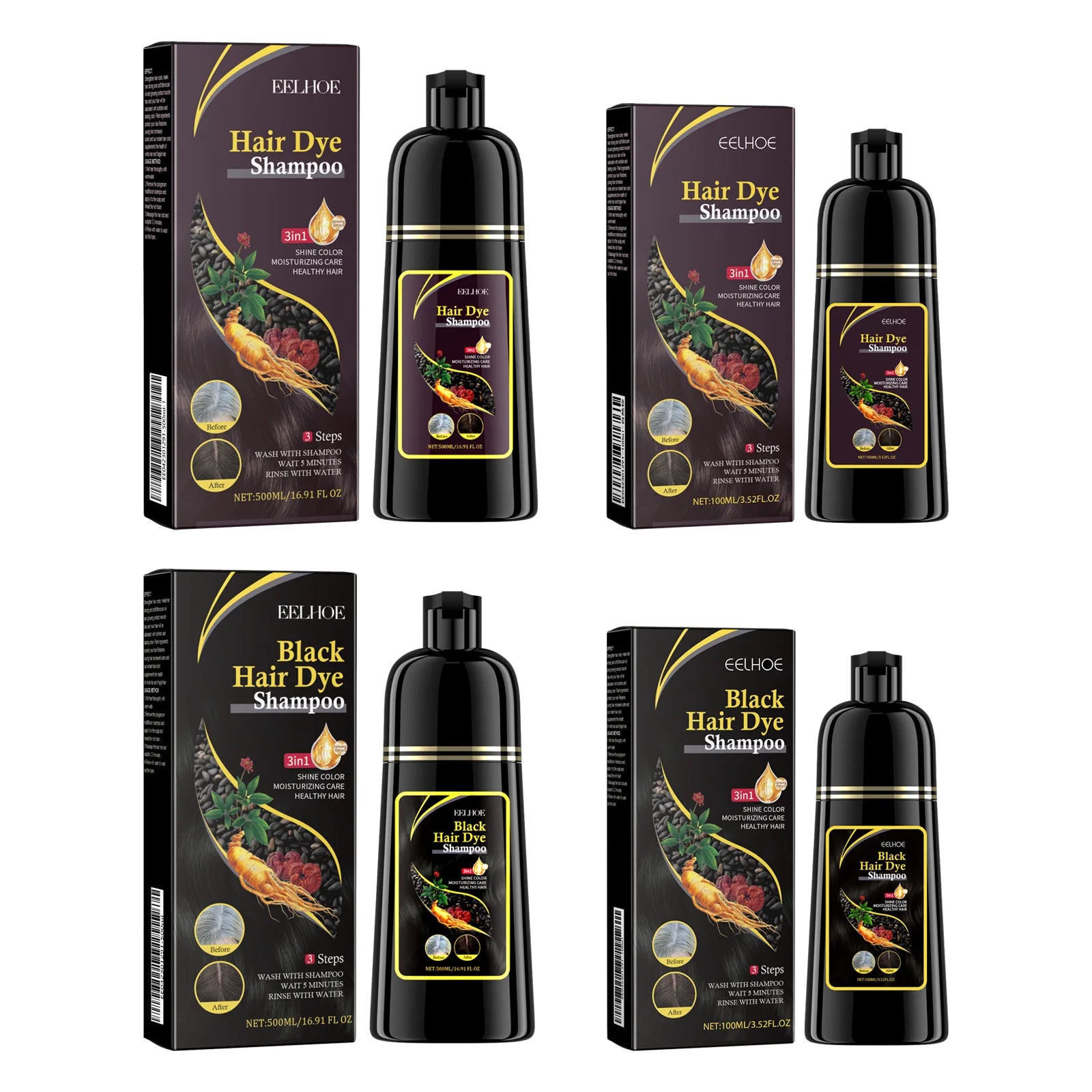 EELHOE 3-in-1 Hair Dye Shampoo to Darken Hair Cleaning Hair Color Shampoo Polygonum Multiflorum Growth of Hair Dye Shampoo 500ml