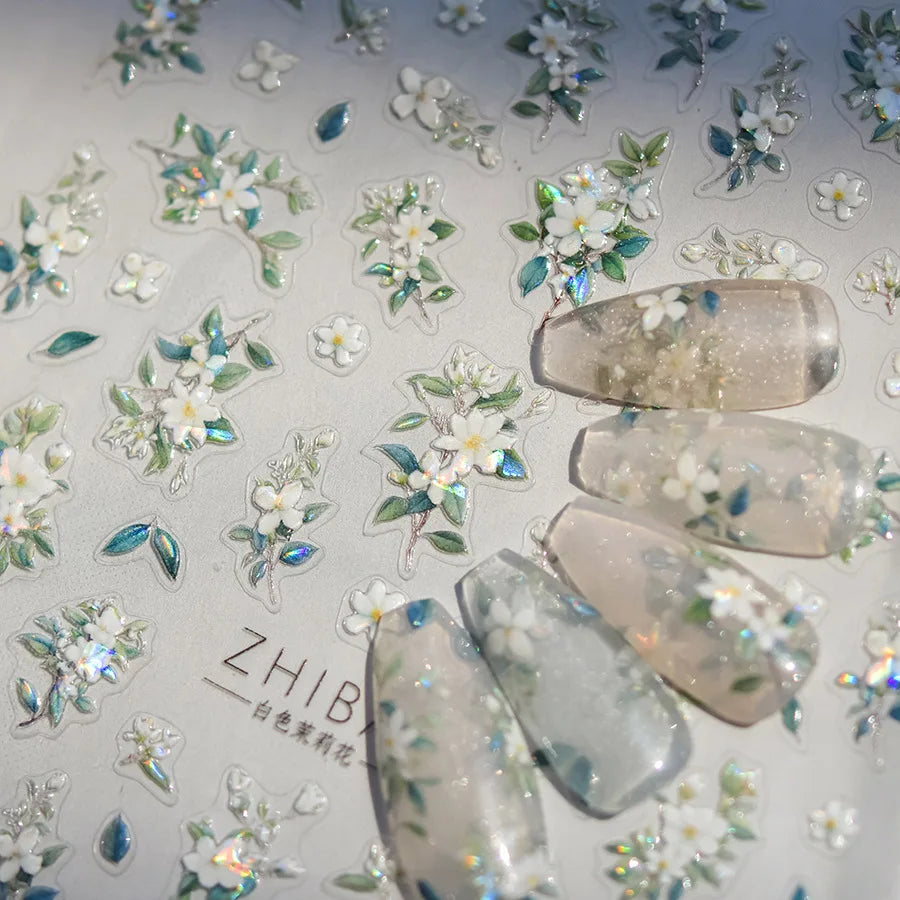 1pcs 5D Glitter Jasmine Flower Nail Stickers Kawaii Embossed Flower Self-Adhesive Nail Art Decorations Decal Manicure Tools DIY