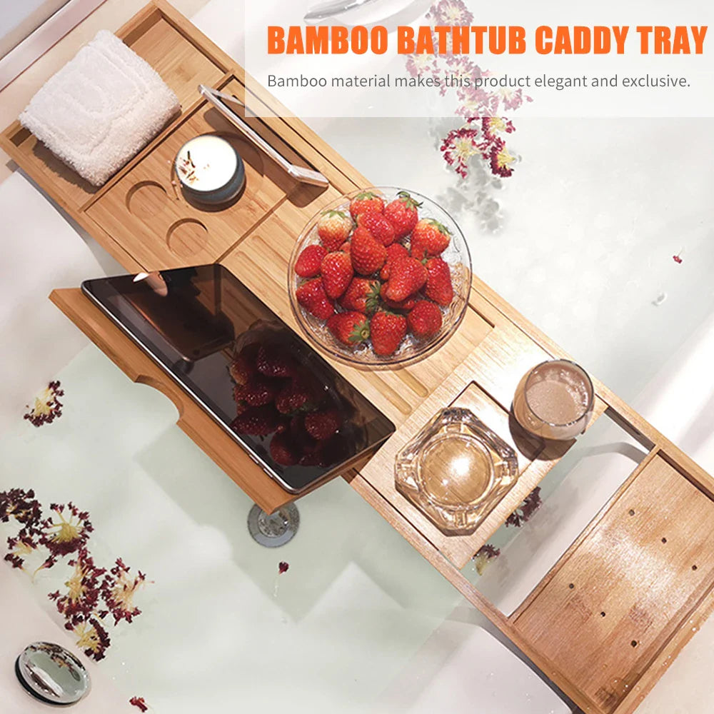 Bathtub Caddy Tray Bamboo Spa Bathtub Caddy Organizer Book Wine Tablet Holder Reading Rack Nonslip Bottom Extendable Sides