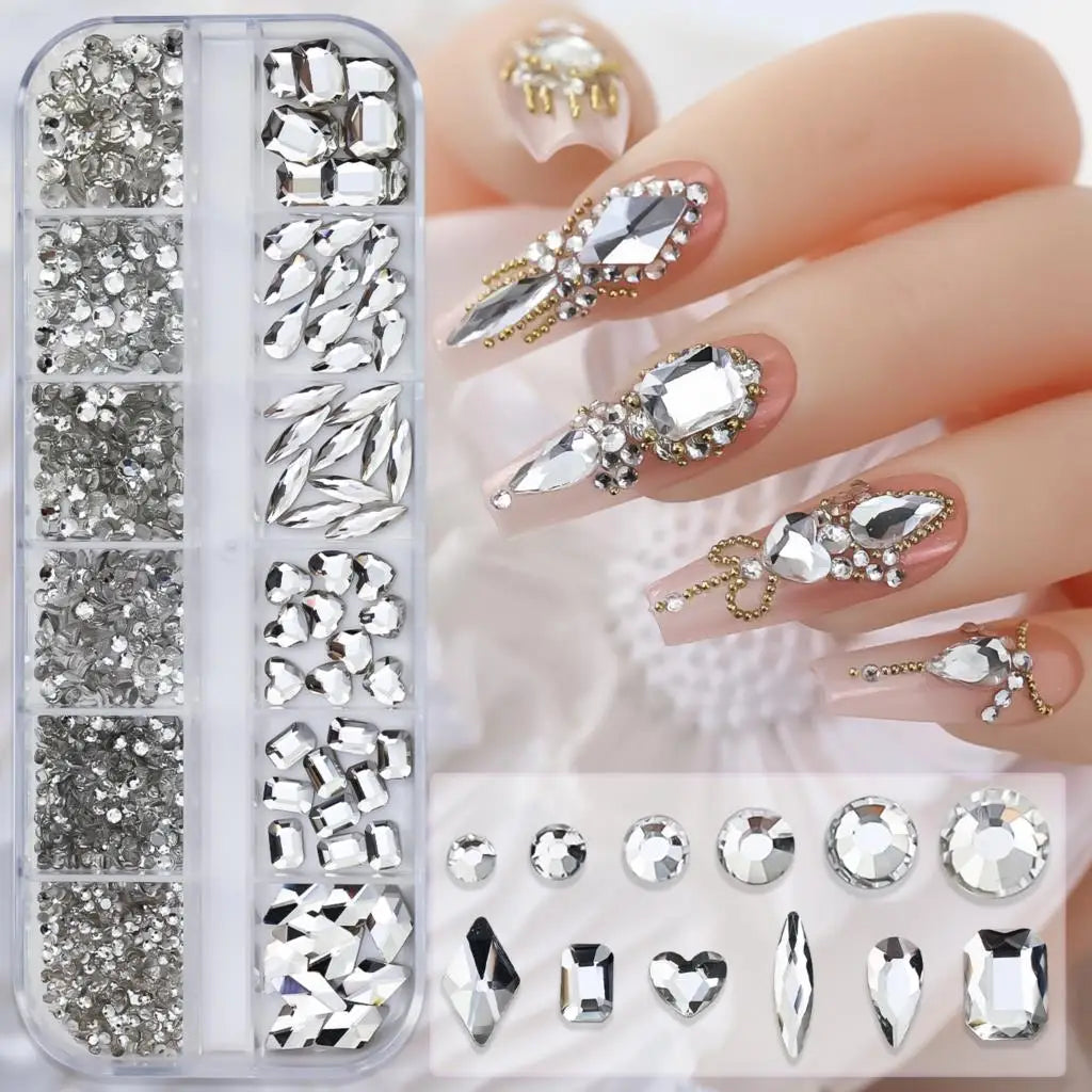 12Grids Pink Mixed Nail Rhinestones Luxury Nail Charms Glitter Crystal Jewelry Gems Nail Art Decoration DIY Manicure Rhinestones