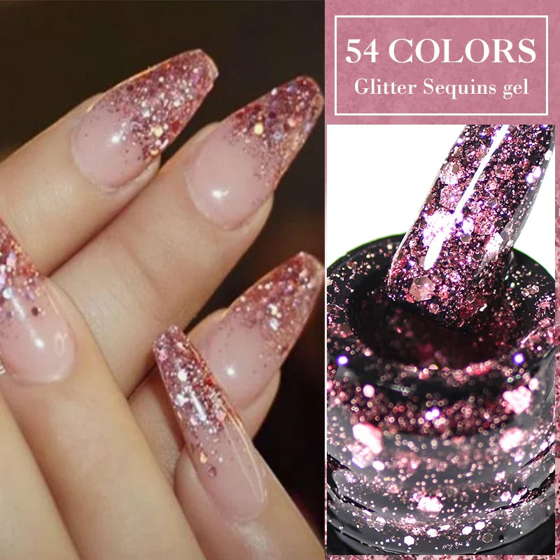 Mtssii 6PCS/Set Pink Glitter Gel Nail Polish Set Sequins Semi Permanent Base Matte Top Coat Soak Off LED UV Nail Art Gel Varnish