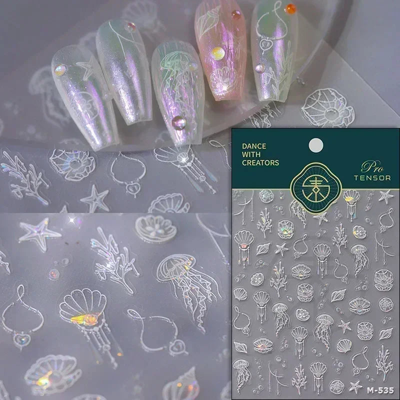 Sea Wave Jellyfish Starfish Conch Shell Dolphin Pearl Summer Beach Goldfish Water Bubble Mermaid Koi INS Nail Art Stickers Decal