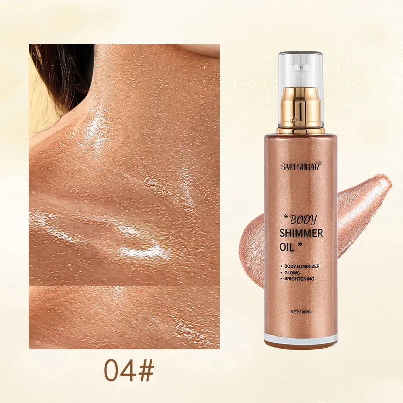 100ml Pearl Rose Gold Body Shimmer Oil Highlighter - Face Brighten Glitter Bronzer Skin Glow Illuminator Makeup Shine Liquid
