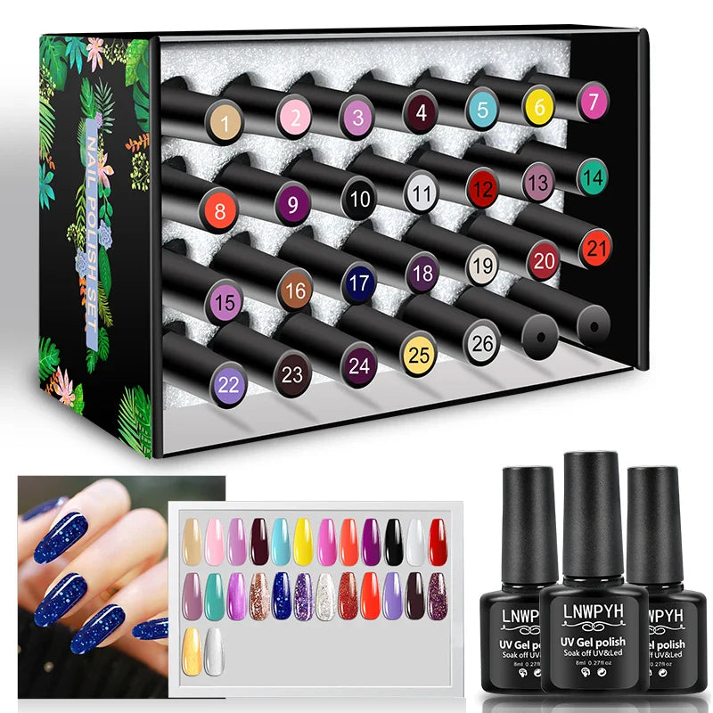 LNWPYH Gel Nail Polish Set Nail Gel Kit 26 Color Semi Permanent UV Led Gel Varnish Soak Off Nail Lacquers Base Coat Top Coat Kit
