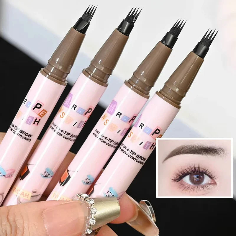 4 Colors Waterproof Eyebrow Pen with 4-Fork Tip – Long-Lasting, Natural Dark Brown Liquid Brow Enhancer