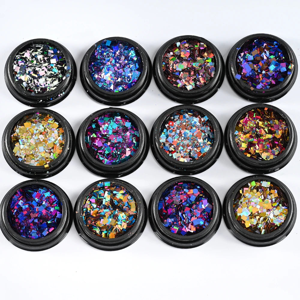 12Pcs Iridescent Nail Art Glitter Sequins Holographic Mix Hexagon Chunky Flakes DIYGel Polish Crafts Manicure Decorations Powder