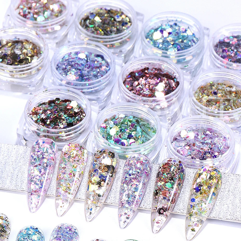 12 colors Holographic Hexagon Nail Sequin Shiny Nail Glitter Flakes Chunky Iridescent Sequins Manicure Decorations Nail Supplies