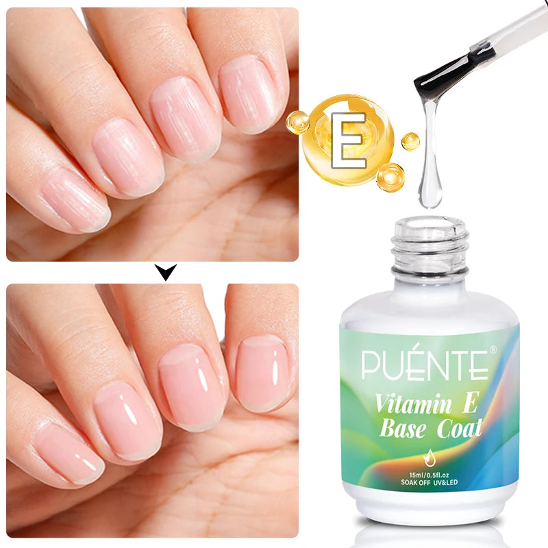 PUENTE 15ML Vitamin E Base Coat Gel Nail Polish For Soft Thin Breaking Nails Strengthen Soak Off UV Gel Varnish For Nail Care