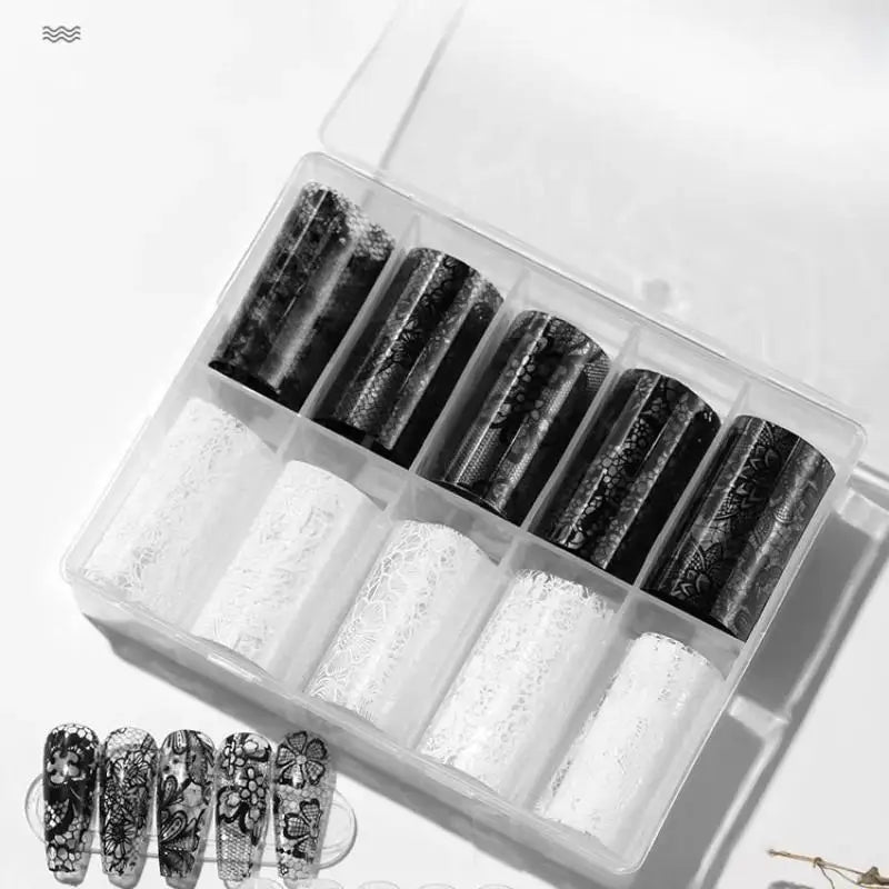 10 Rolls/Box White Black Nail Transfer Sticker Lace Nail Art Foils Set Paper DIY Manicure Nail Decoration Accessories