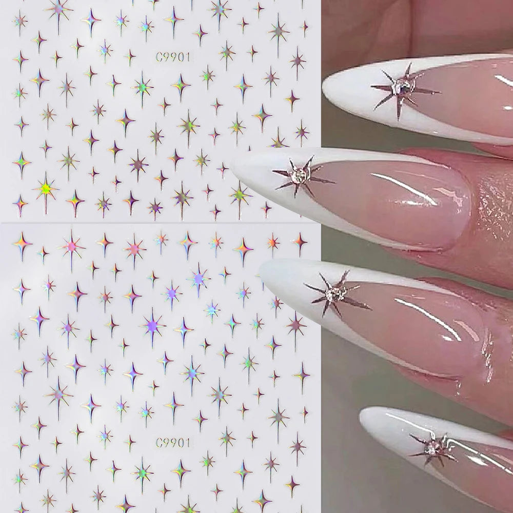 6Colors Laser Star Nail Stickers 3D Metallic Mirror Golden Silvery Irregular Star Manicure Decals Y2K Gender-Neutral Nails Decor