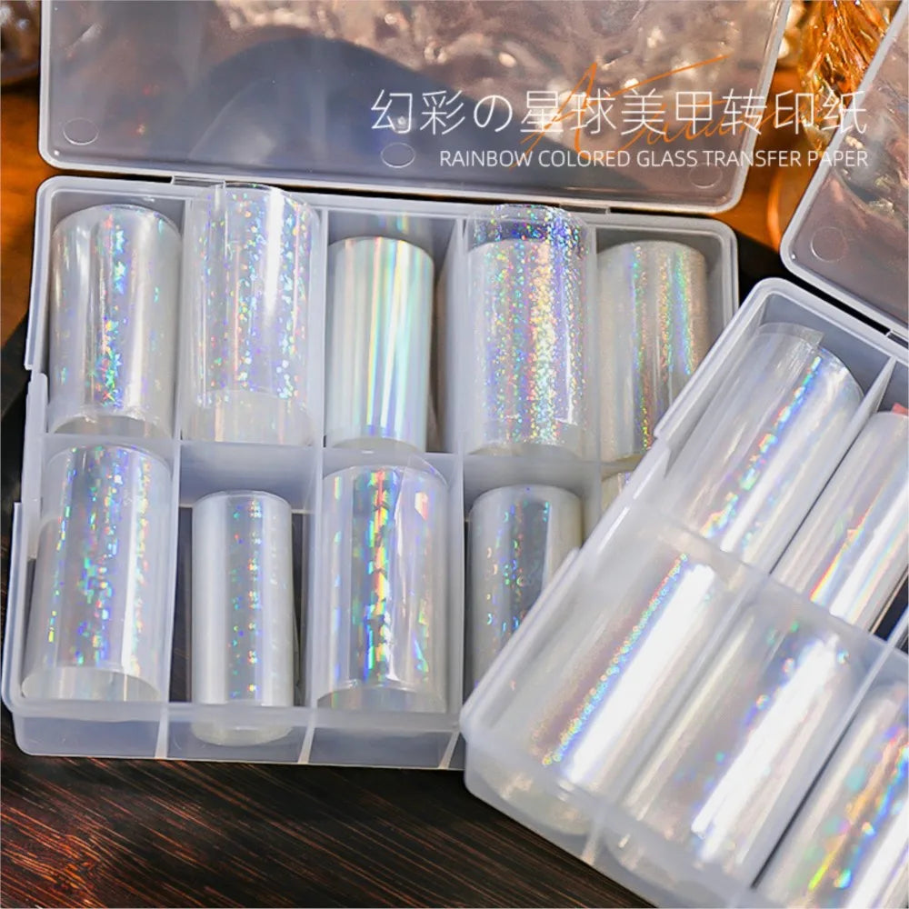 10Rolls Clear Laser Aurora Nail Foil Sticker Iridescent Holographic Glass Fragment Transfer Foil Decals 4x50cm Nails Decoration