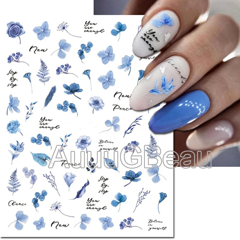 3d Nail Art Decals Watercolor Florals Purple Green Pink Flowers Leafs Fruit Adhesive Sliders Nail Stickers For Manicure