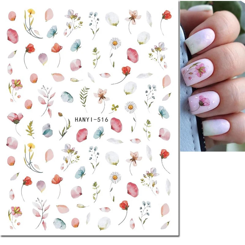 3d Nail Art Decals Watercolor Florals Purple Green Pink Flowers Leafs Fruit Adhesive Sliders Nail Stickers For Manicure
