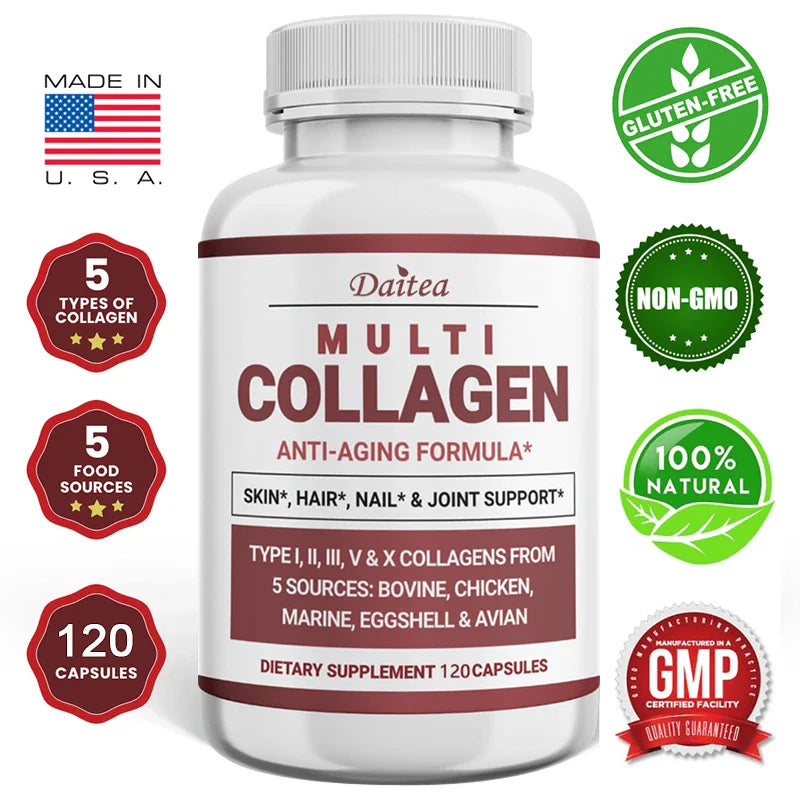 Multi-Collagen Peptides Powder with Collagen Types I, II, III, V and X, Hair, Nails and Joint Support, Anti-Aging