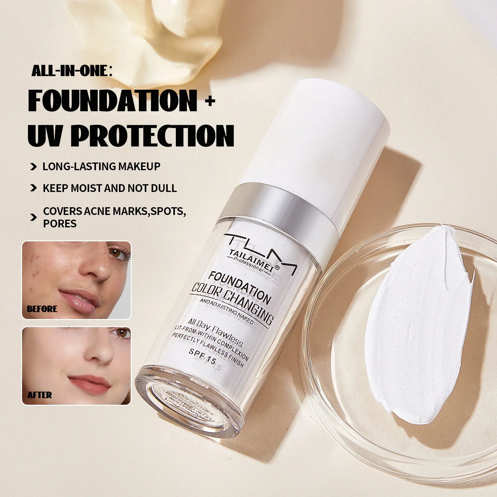 2Pcs Liquid Foundation Color Changing Concealer Waterproof Natural Brighten Skin Tone Face Cosmetics Makeup for Women & Men 30ml