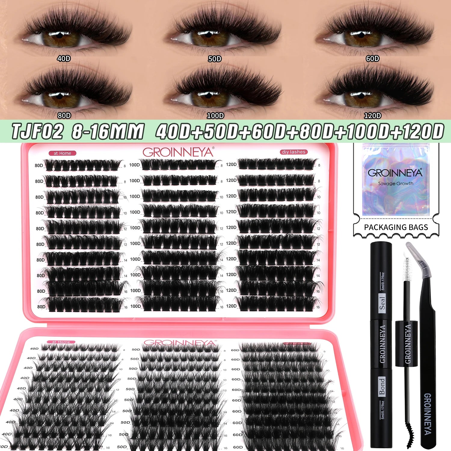 GROINNEYA DIY Lash Clusters Kit Mixed Tray Eyelash Extension Full Set Individual Lashes with Lash Bond&Seal and Tweezers Tool