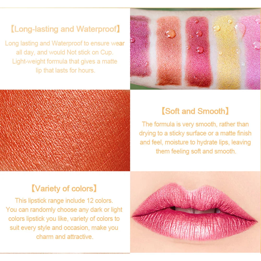 12 Colors Magic Pink Glitter Lipstick Matte Gliter Shimmer Super Finish Matte Velvet Waterproof Glitter Lipsticks