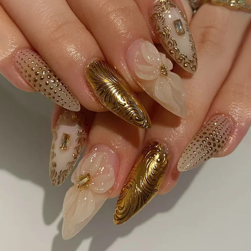 24Pcs Black Y2k Long False Nails with Almond Head Design Cat's Eye Silver Stripe Pattern Press on Fake Nails Wearable Nail Tips