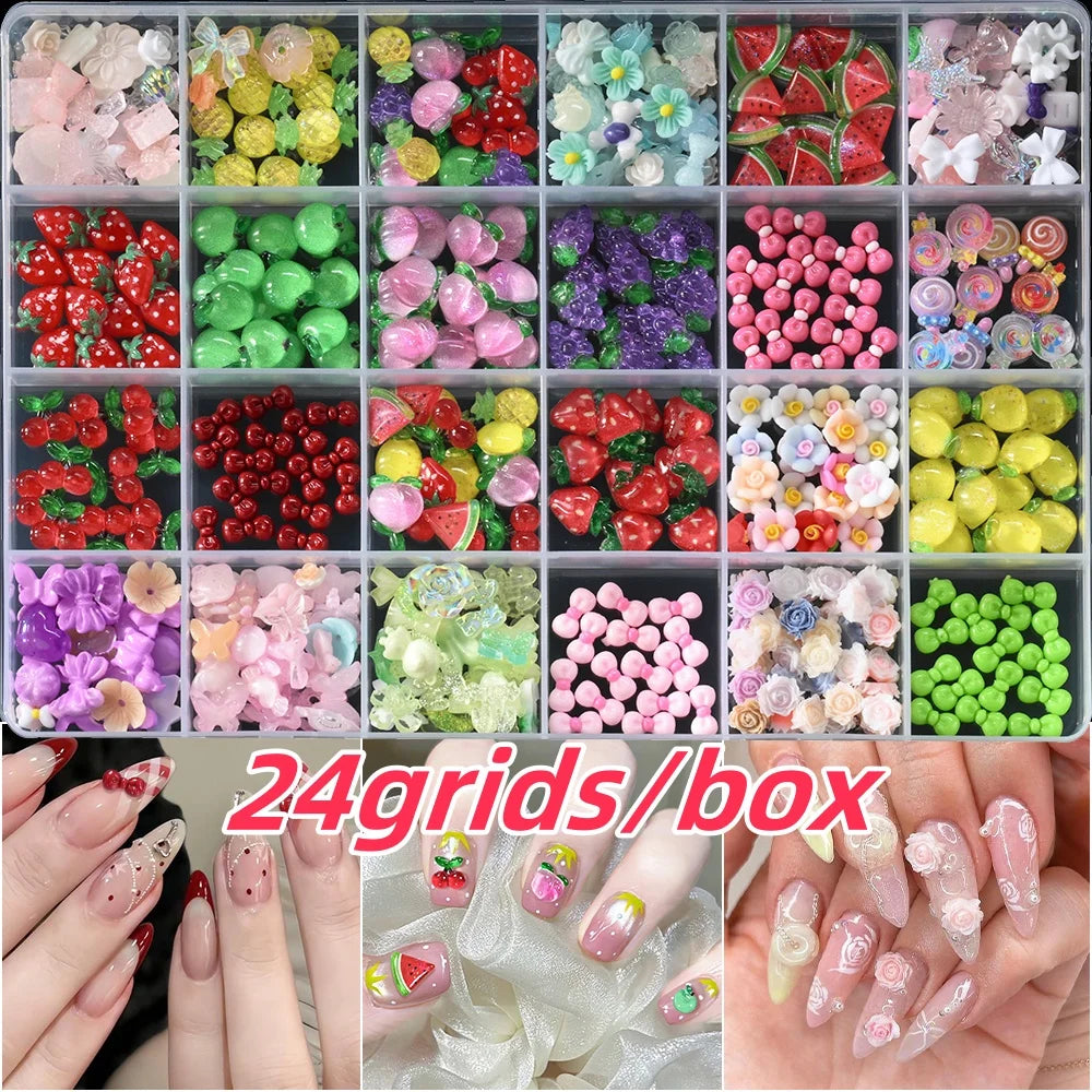 1 Box Pink White Series Bow Heart Nail Charms 3D Arcylic Nail Art Decorations Pearl 5-petal Flower Jewelry Manicure Accessories*