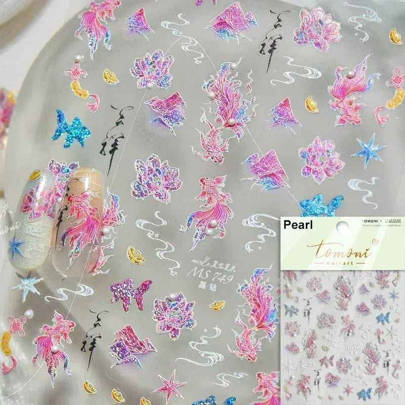 Sea Wave Jellyfish Starfish Conch Shell Dolphin Pearl Summer Beach Goldfish Water Bubble Mermaid Koi INS Nail Art Stickers Decal