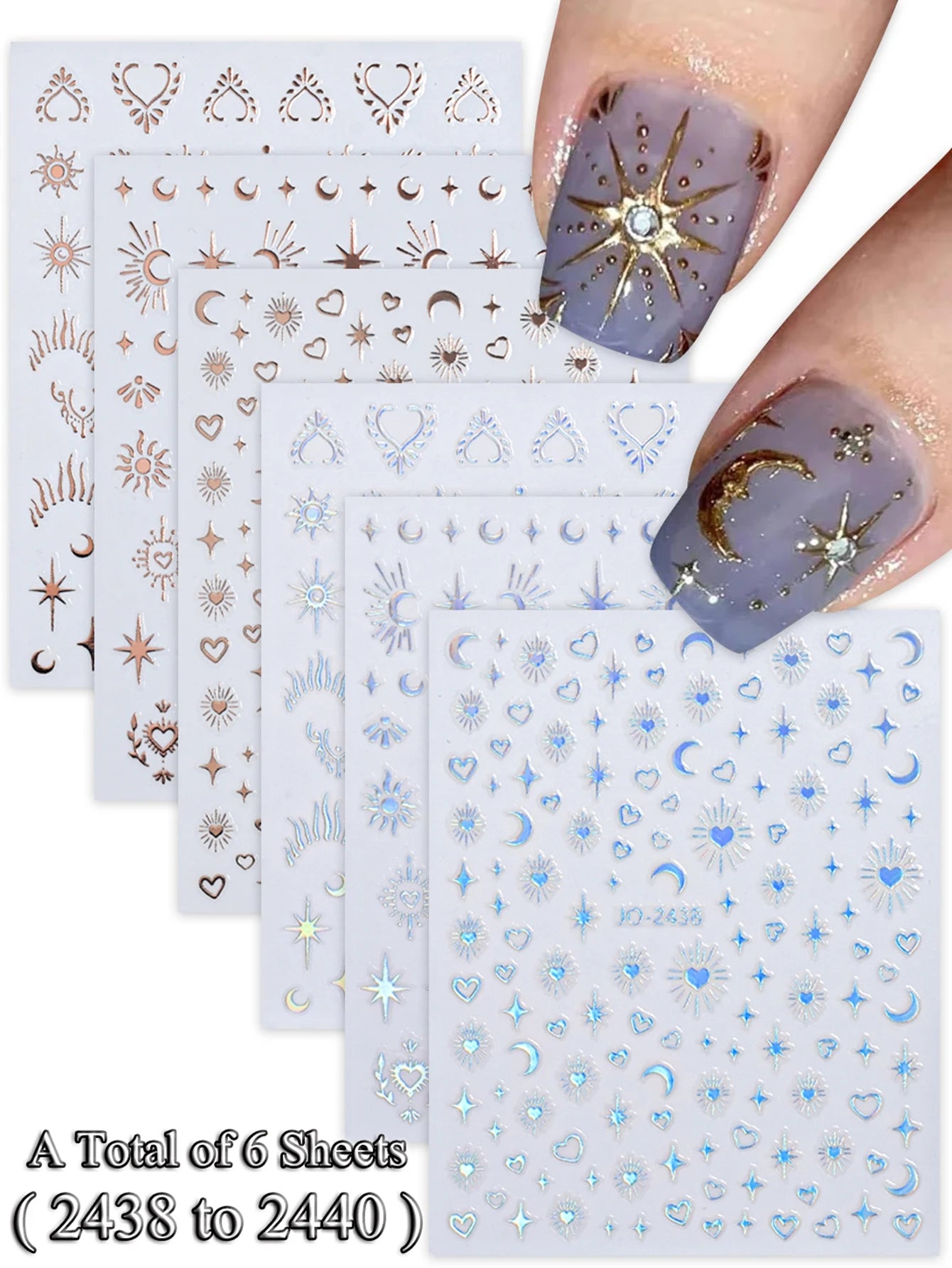 6/12 Sheets Gold & Silver Star, Moon & Heart Nail Stickers, Self-Adhesive 3D Nail Art Decals for DIY Manicure Decoration