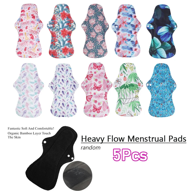 5PCS Reusable Menstrual Pads Heavy Flow Women Menstrual Period Washable Sanitary Napkin Organic Bamboo Charcoal Cloth Pad