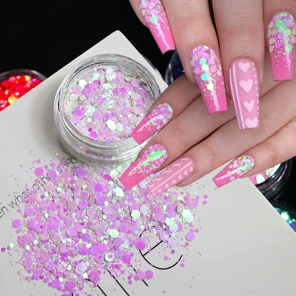 12Pcs Iridescent Nail Art Glitter Sequins Holographic Mix Hexagon Chunky Flakes DIYGel Polish Crafts Manicure Decorations Powder