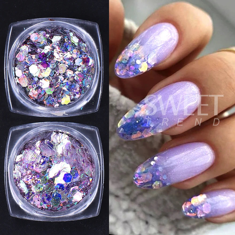 12 colors Holographic Hexagon Nail Sequin Shiny Nail Glitter Flakes Chunky Iridescent Sequins Manicure Decorations Nail Supplies