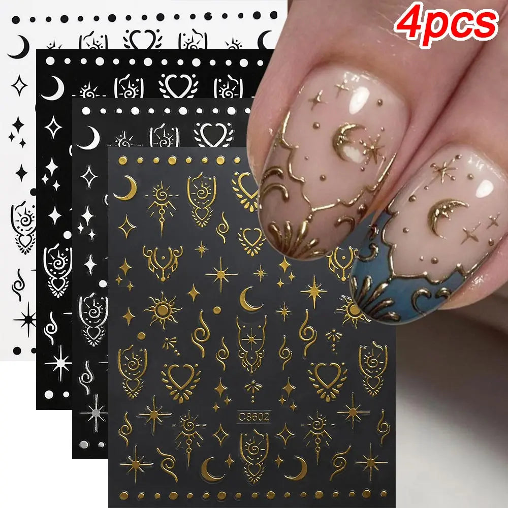 3D Gold/ Silver Star/Sun/Moon Bronzing Nail Art Sticker Laser Star Moon Styles Nail Decal Gold Silver Self-Adhesive Slider 1Pcs