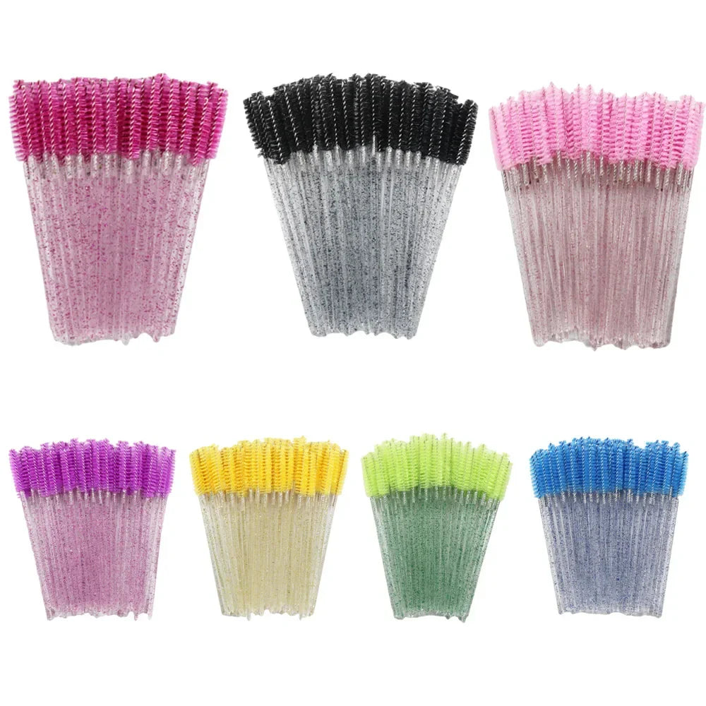 50pcs Disposable Eyelash Brushes Crystal Eye lash Mascara Wands Glitter Lash Comb Spoolies Micro Makeup Applicators