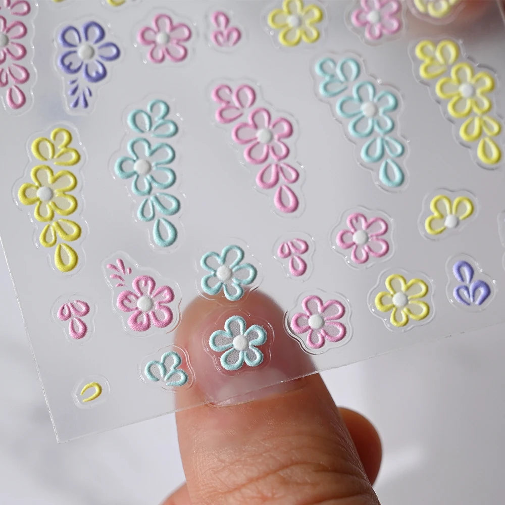 5D Pink Blue Floral Nail Art Stickers Petals Leaf Plant Embossed Nail Decals Spring Summer Flower Design for DIY Nail Supplies