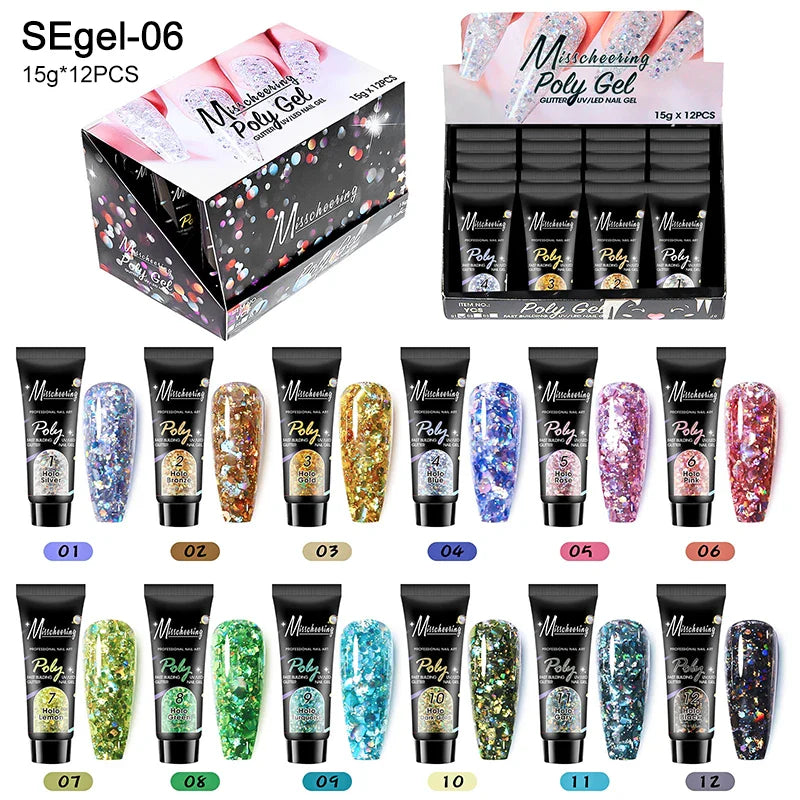 12pcs/set Extension Gel Nail Art Semi Permanent Acrylic Glitter Fluorescent Nude Colorful Fast Building Hybrid Varnish UV Nails